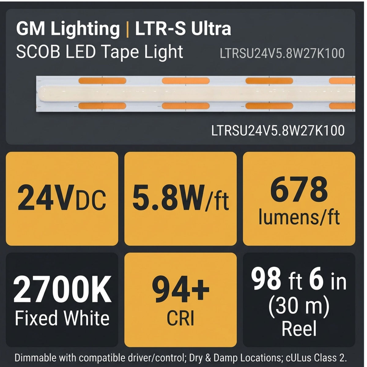 GM Lighting LTR-S Ultra LED tape light shown with 24V, 2700K and output specifications