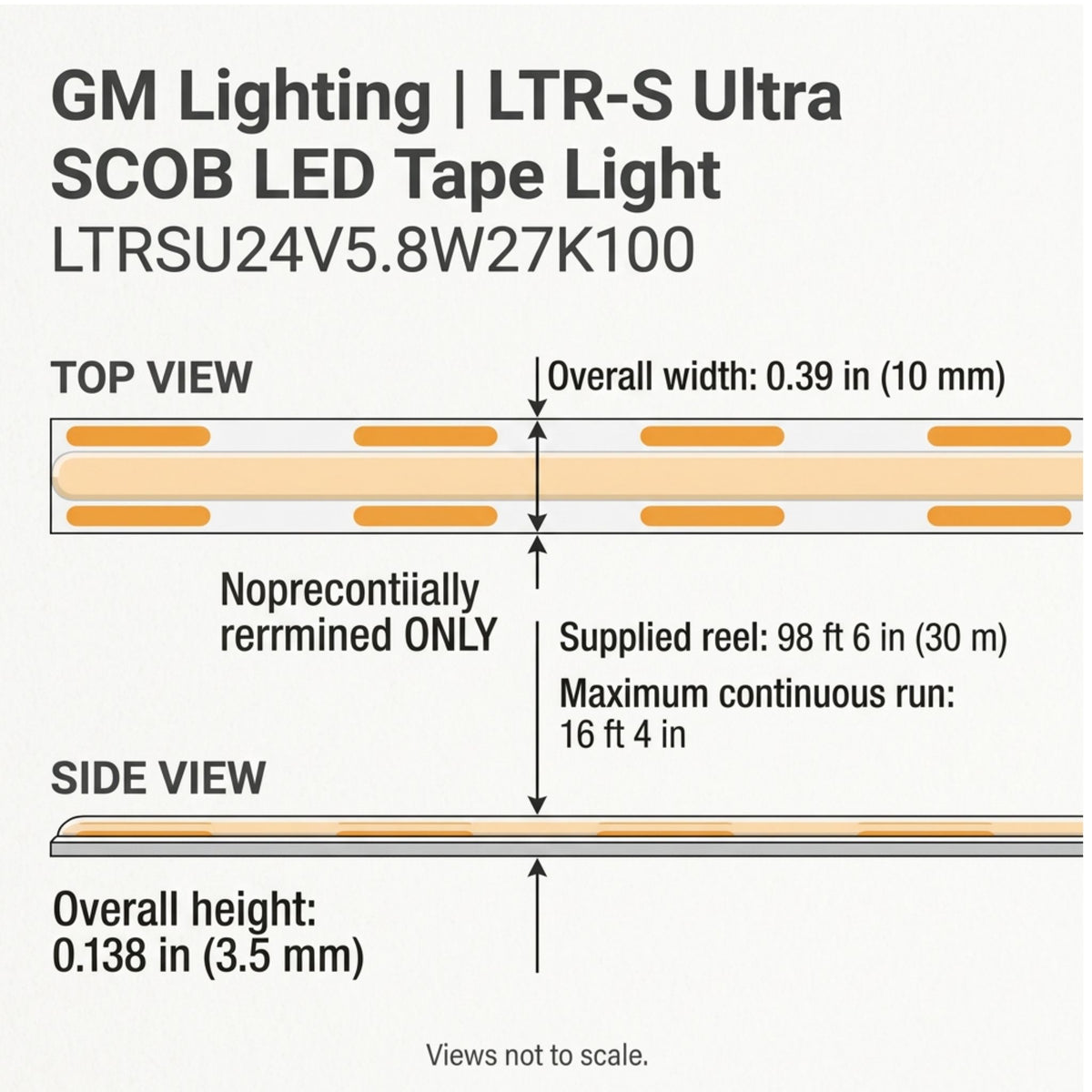 GM Lighting LTR-S Ultra LED tape light width and height dimensional diagram