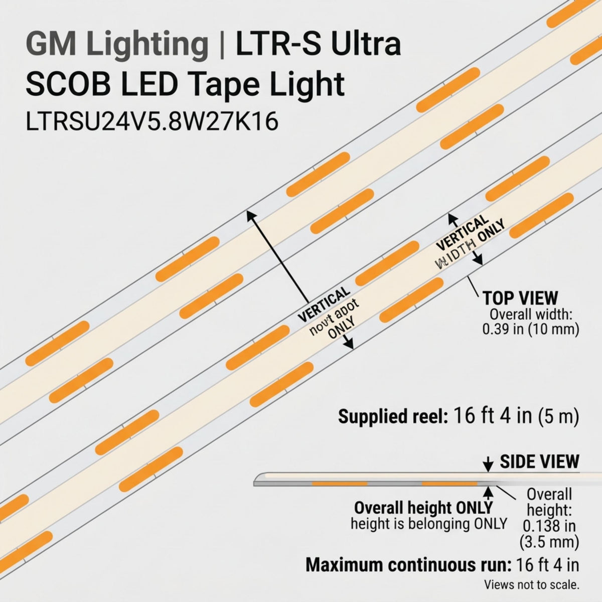 GM Lighting LTR-S Ultra LED tape light with width, height and run length dimensions