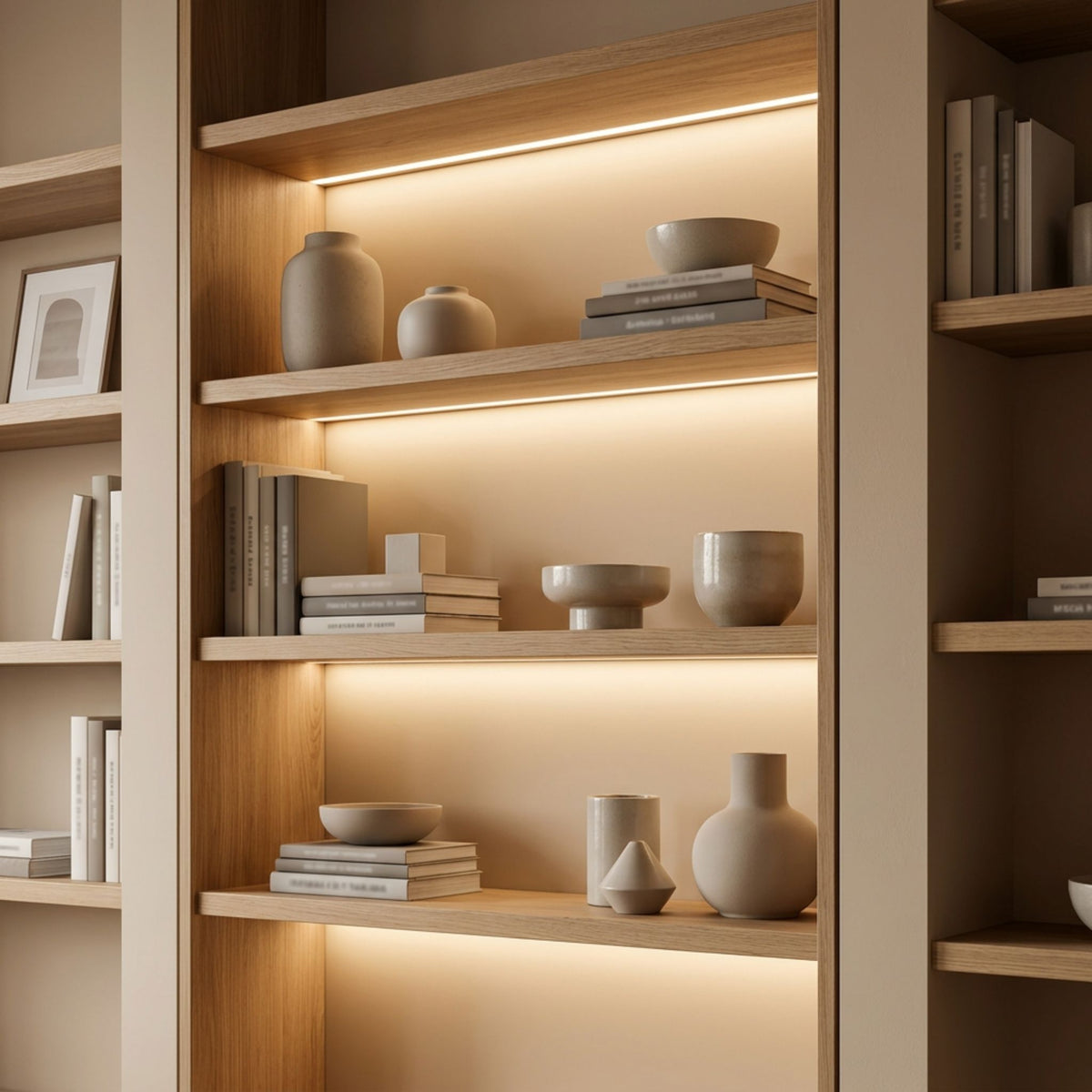 Warm LED tape lighting installed beneath shelves