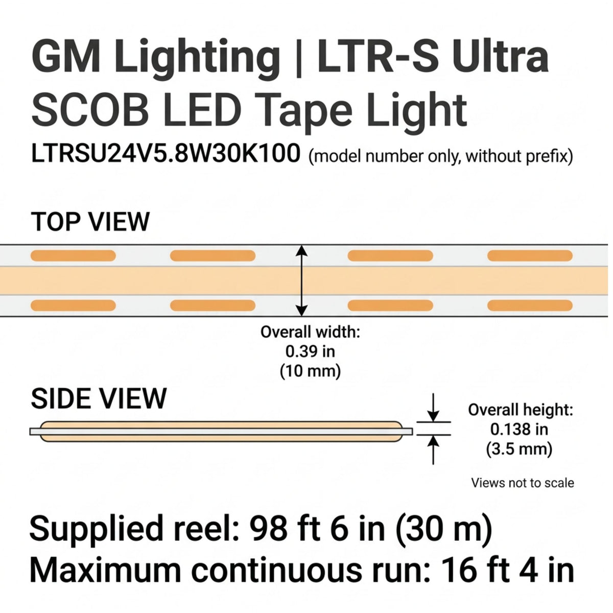 LED tape light dimension diagram showing strip width and height