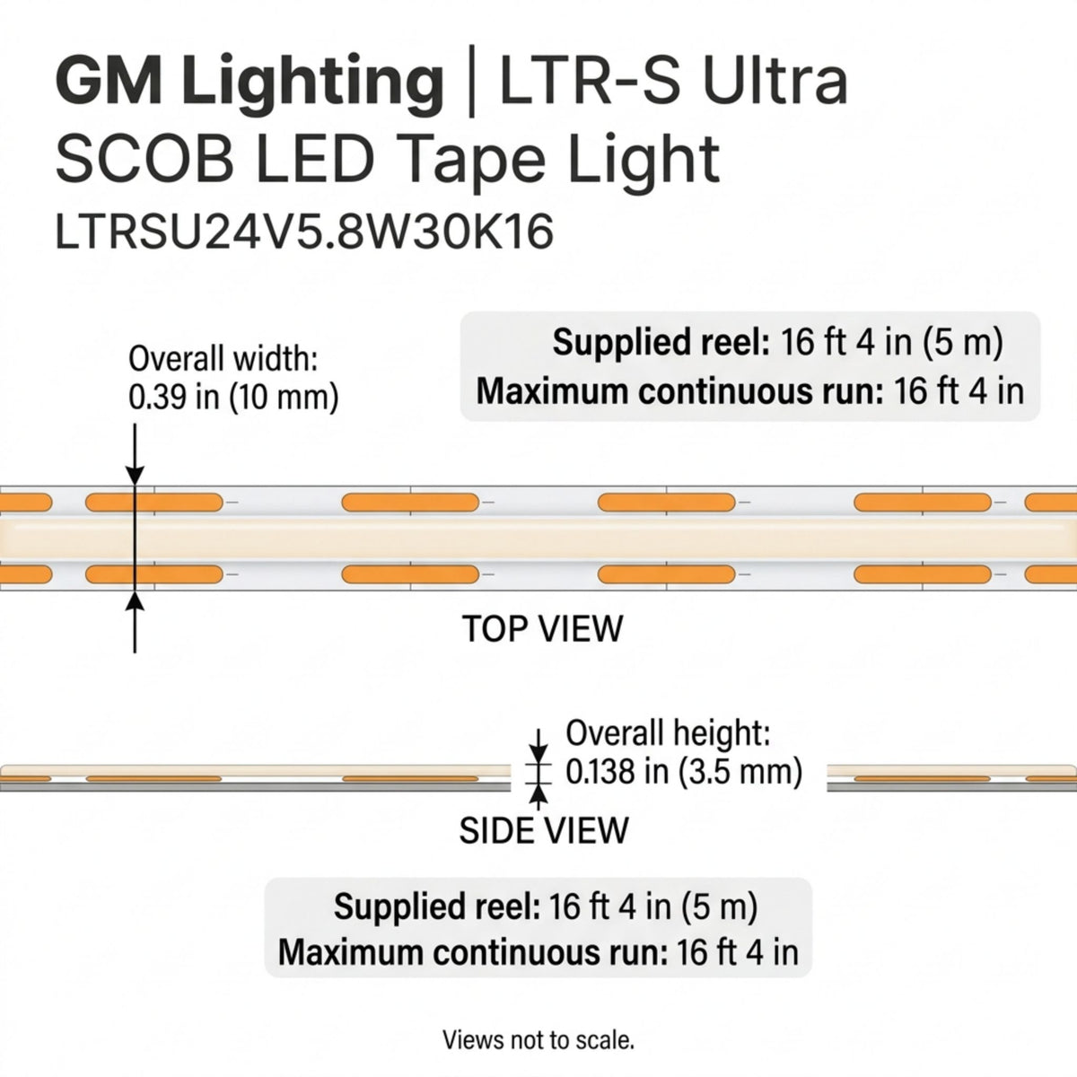 GM Lighting LTR-S Ultra LED tape light with top and side views, 0.39-inch width and 0.138-inch height.