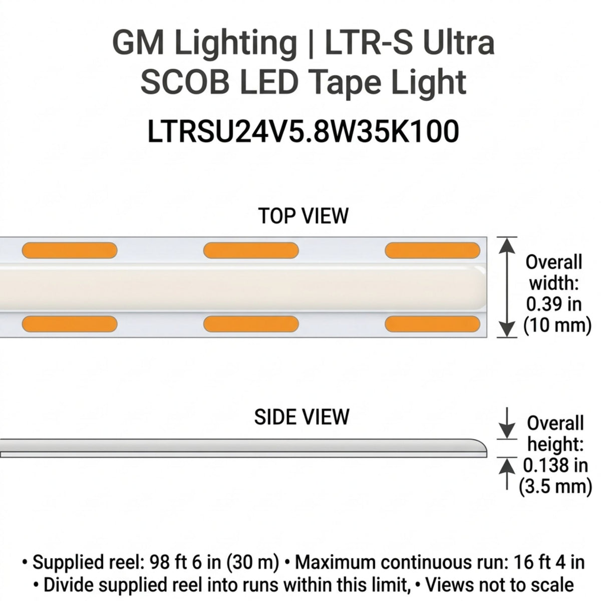 GM Lighting LTR-S Ultra LED tape light dimension diagram, showing 0.39-inch width and 0.138-inch height