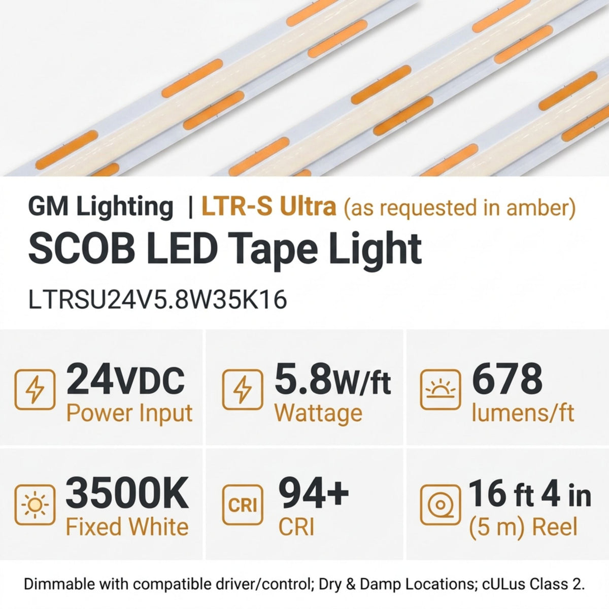 GM Lighting LTR-S Ultra LED tape light with 24V, 3500K, and output specifications