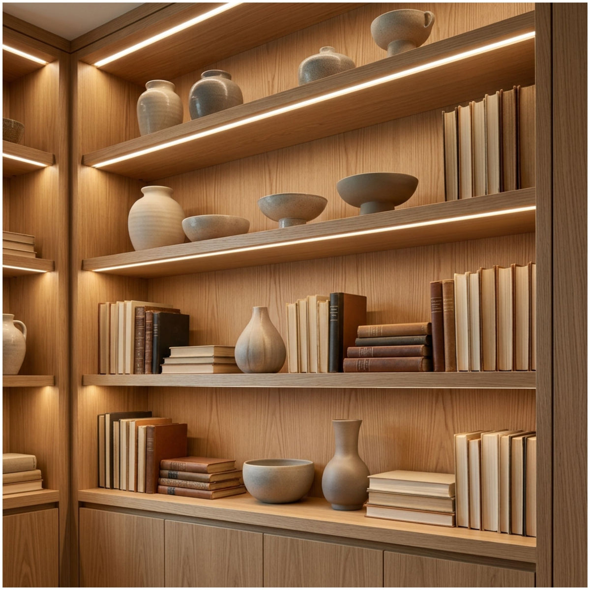 Warm white LED tape lighting installed along the edges of built-in shelves