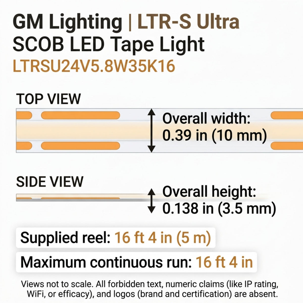 GM Lighting LTR-S Ultra LED tape light dimensions showing its width, height, and reel length