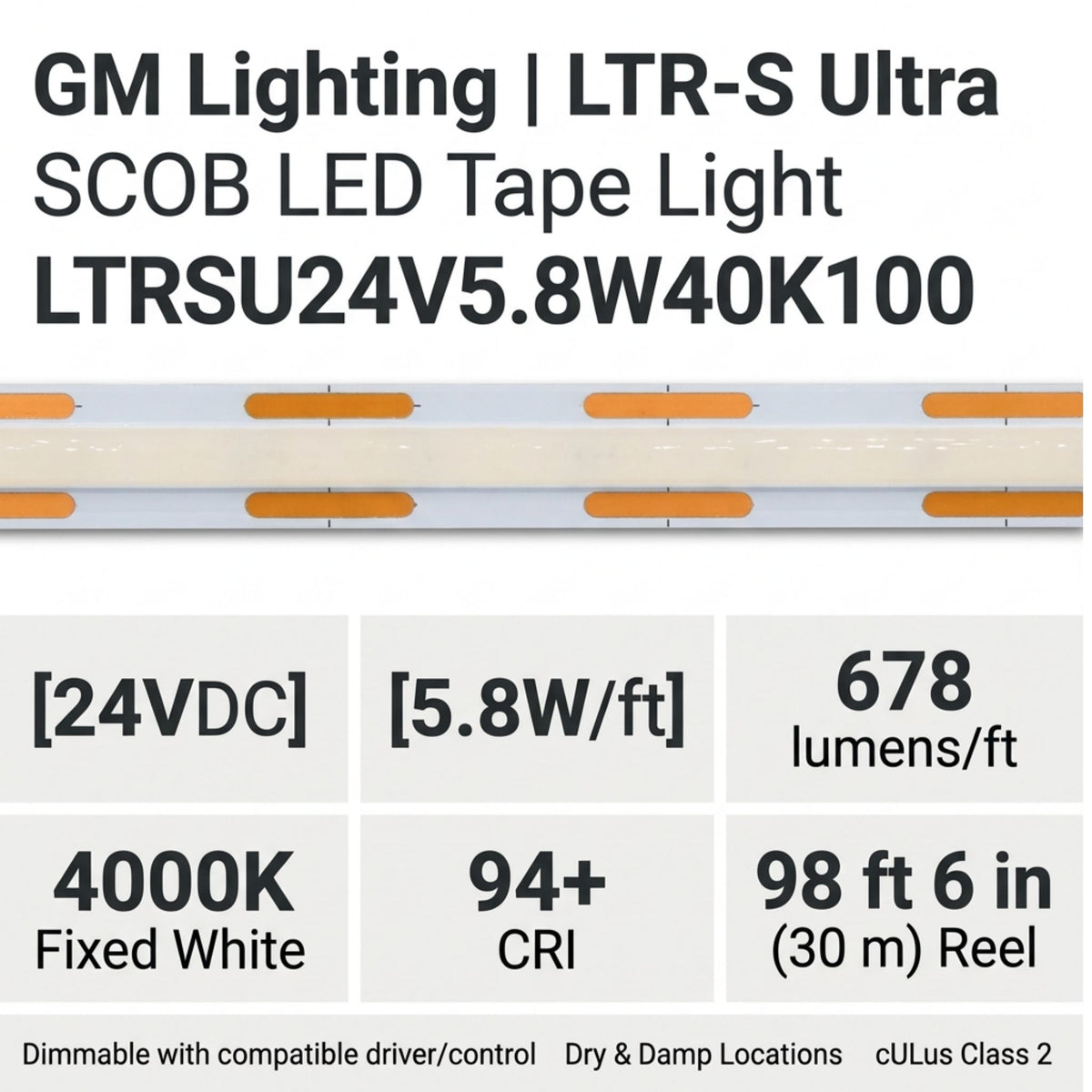 GM Lighting LTR-S Ultra LED tape light shown straight, with 4000K fixed white output and 24V DC specs.