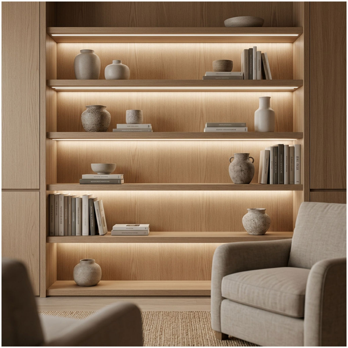 GM Lighting LTR-S Ultra LED tape light installed beneath wooden shelves for accent lighting.