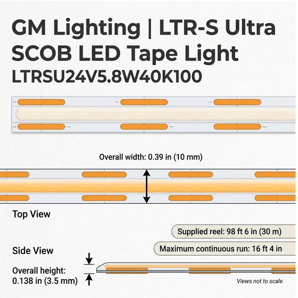 GM Lighting LTR-S Ultra LED tape light shown in top and side views with width and height dimensions.