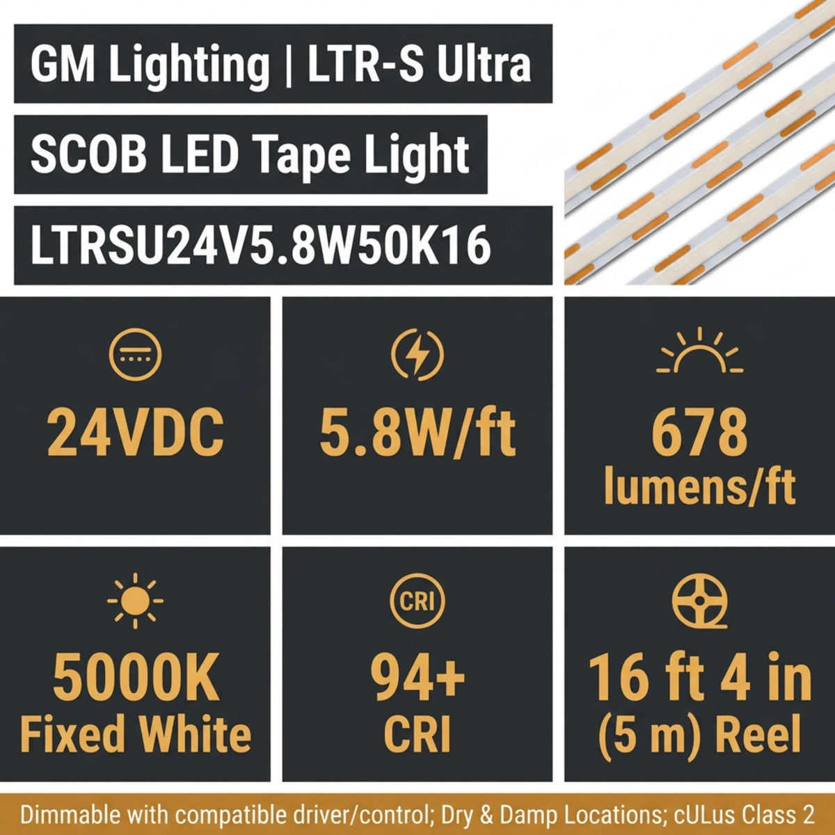 GM Lighting LTR-S Ultra LED tape light with 24V, 5000K and 16 ft 4 in specifications