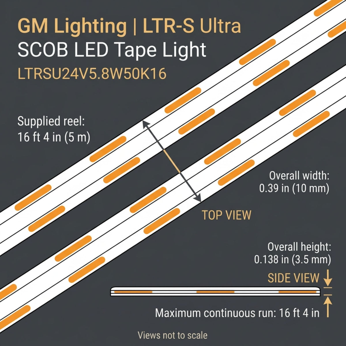 GM Lighting LTR-S Ultra LED tape light with width and height dimensions