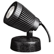 Black spotlight and floodlight fixture with ribbed housing, round glass lens, short stake
