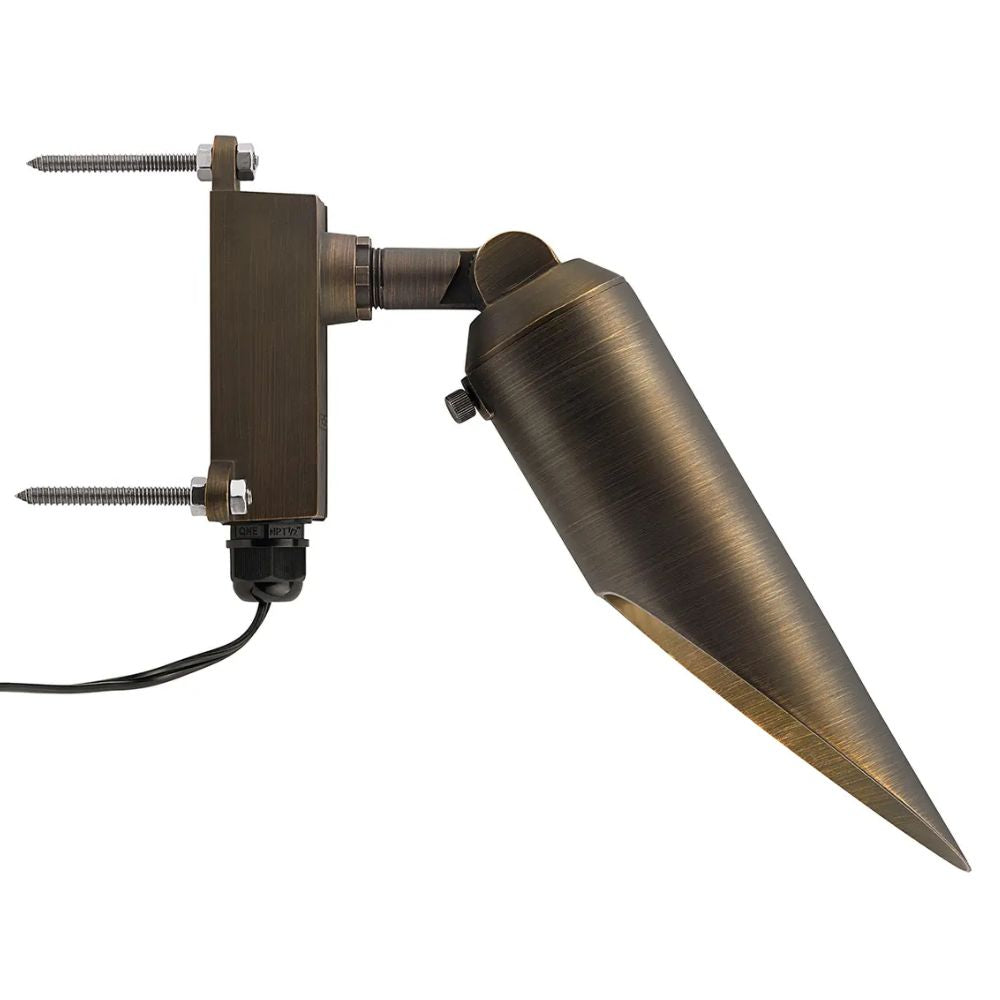 Brass LED retrofit accent light with wall bracket, cord, and adjustable cone