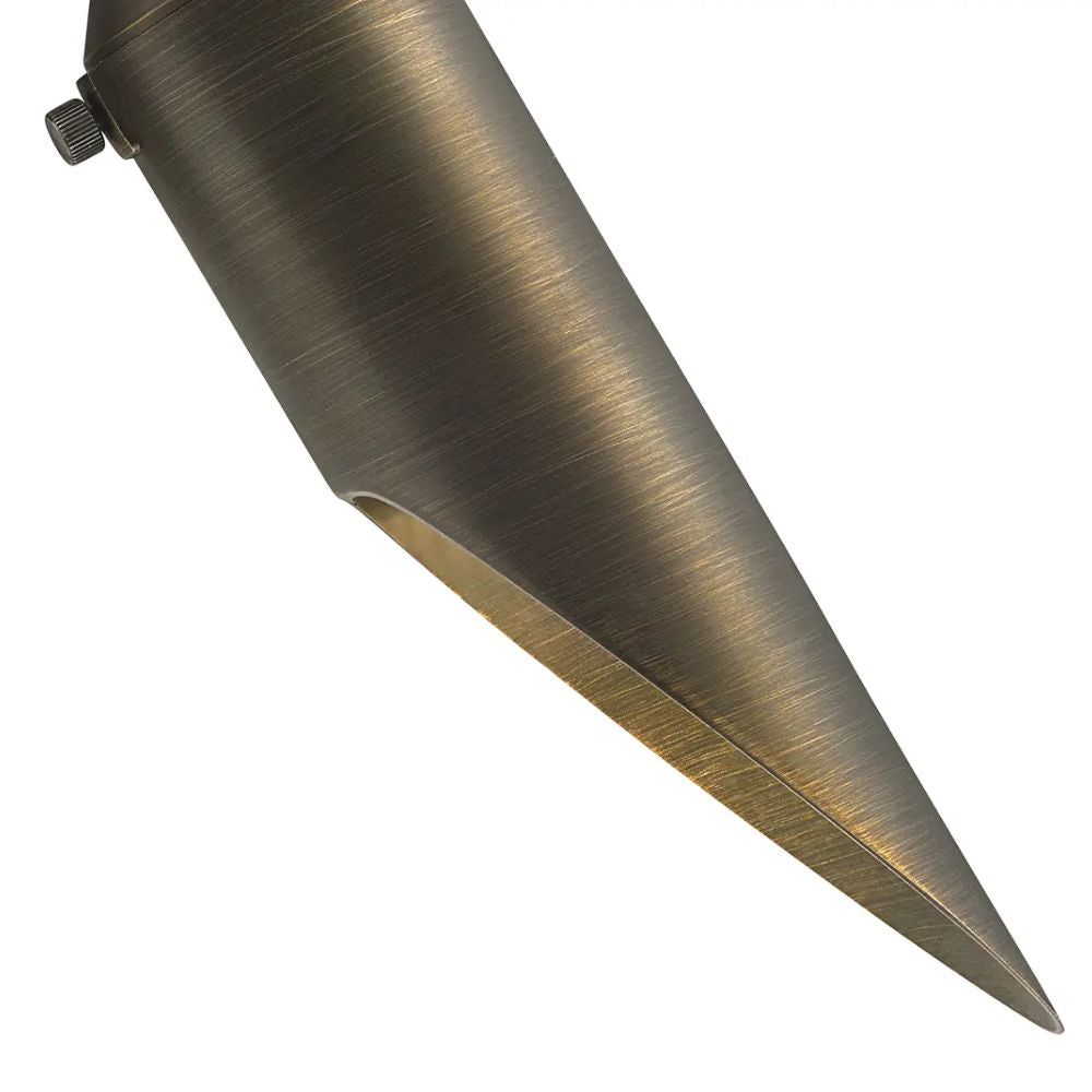 Brass-toned LED accent light with pointed cone and adjustable tilt knob