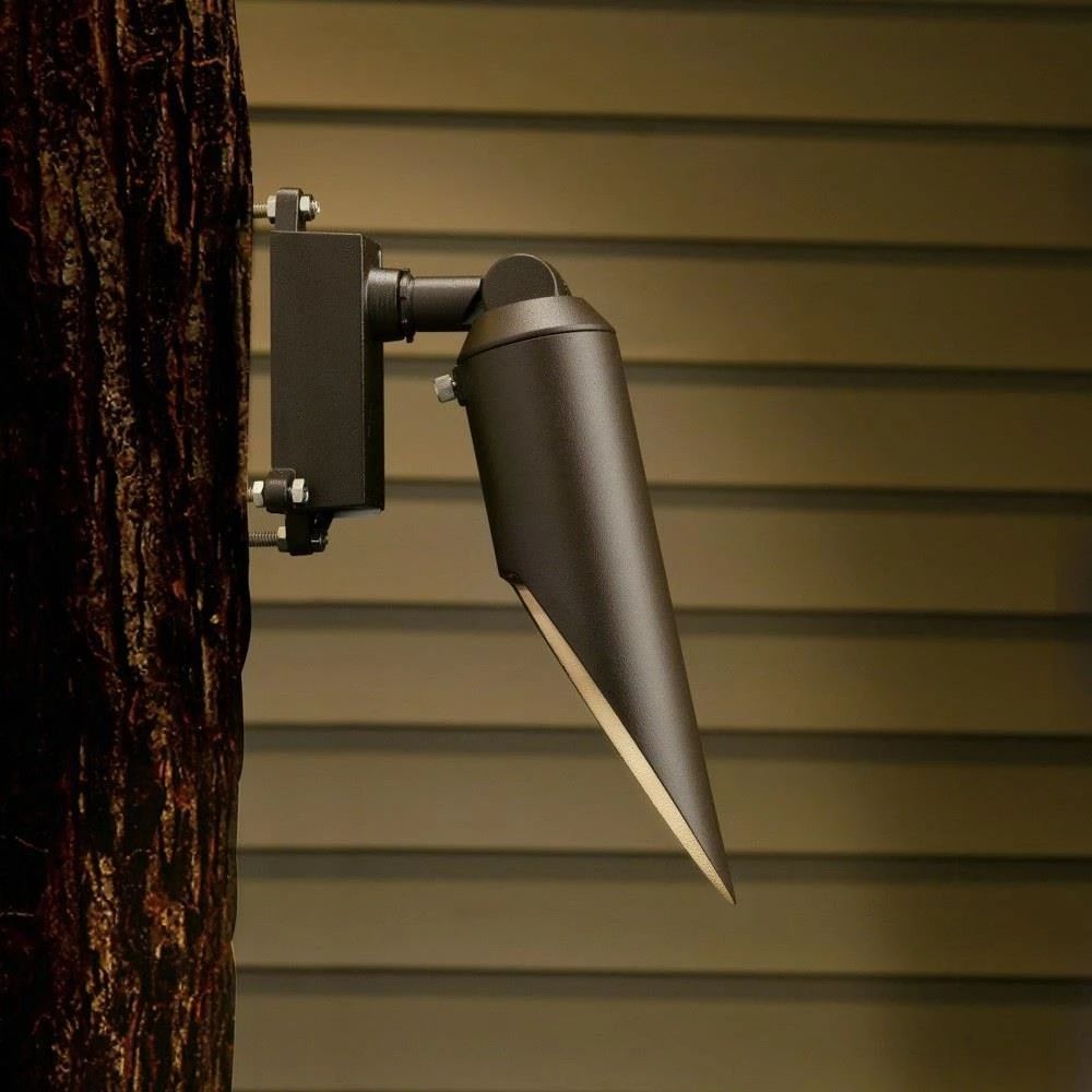 Bronze LED retrofit accent light with angled cone and wall mounting plate