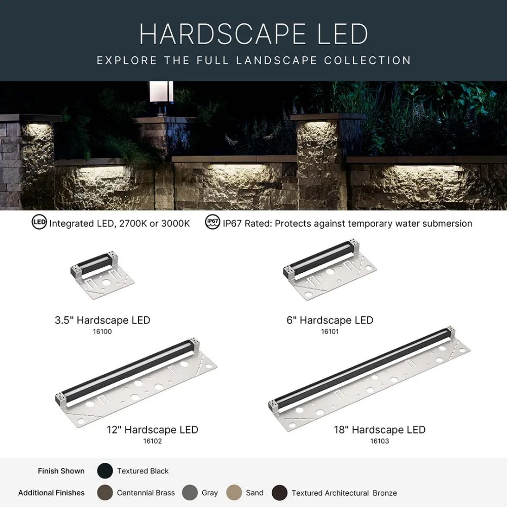 Hardscape LED collection infographic showing fixture sizes and textured black finish
