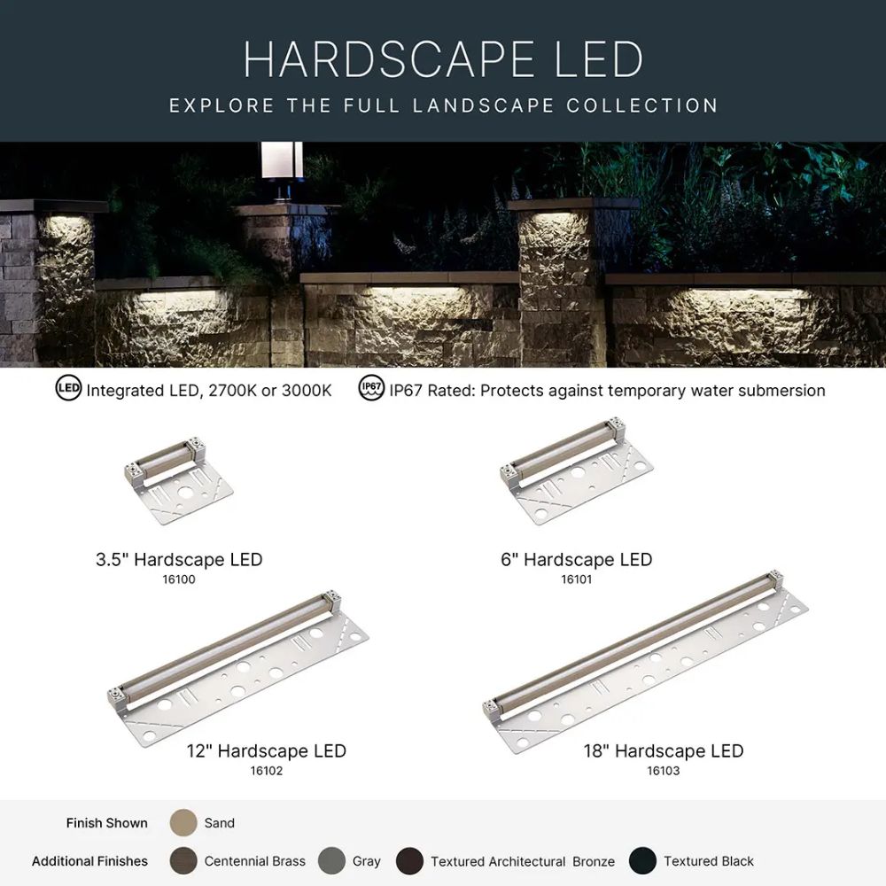 Hardscape LED lineup card showing fixture sizes, finishes, and 2700K info