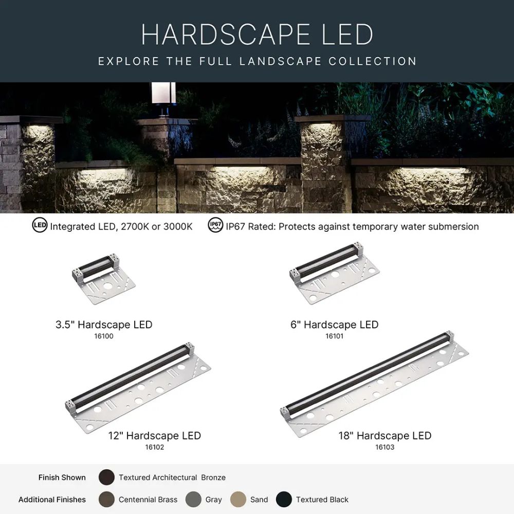 Textured architectural bronze 12V hardscape LED lights with mounting plates, 2700K