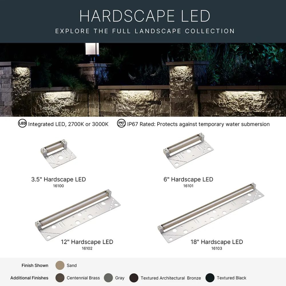 Hardscape LED light lineup showing 18 in fixture and sand finish option