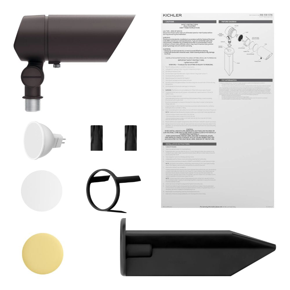Landscape LED accent light kit contents: cylindrical fixture, lens caps, instruction sheet