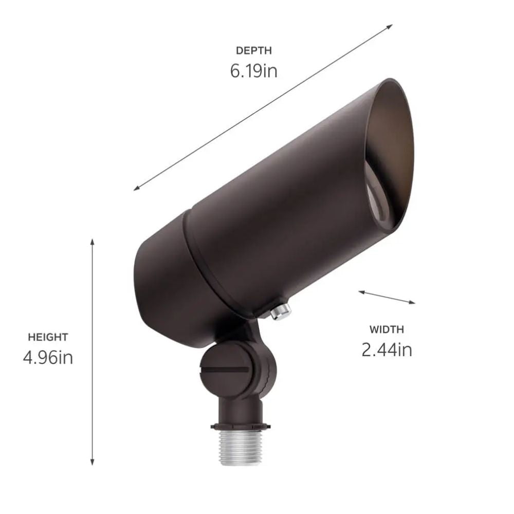 Architectural bronze LED landscape accent light; dimensions shown: 4.96 in height, 2.44 in width