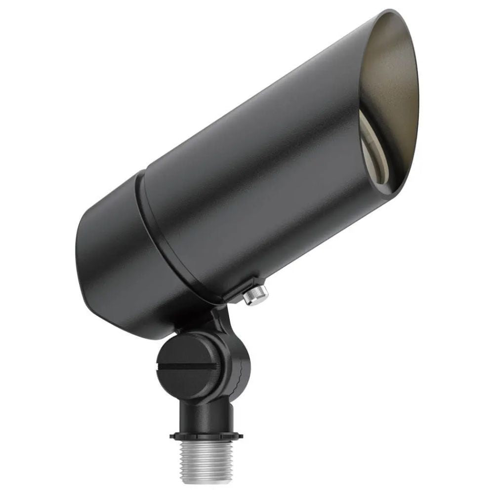 Landscape LED accent light with angled cylindrical head and threaded mounting base, dark finish