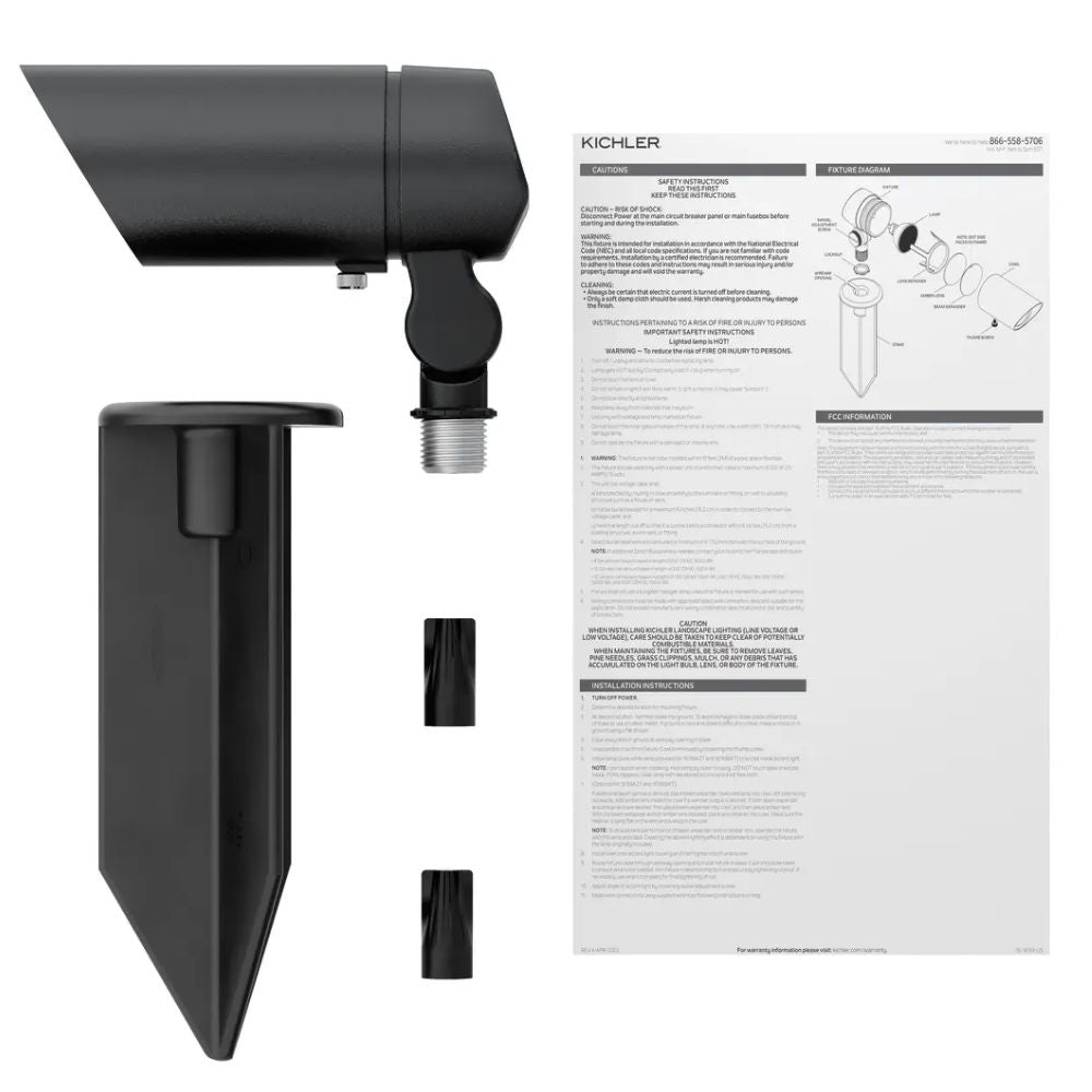 Landscape LED accent light kit with dark bronze spike, fixture head, and mounting parts