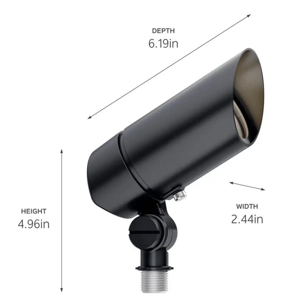 Black landscape LED accent light with size dimensions shown on graphic