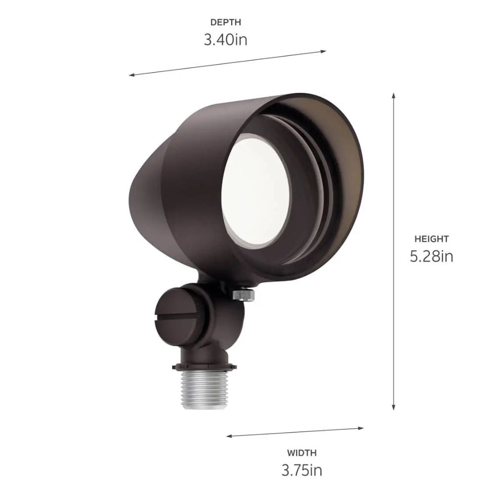 Architectural bronze LED accent light with labeled depth, height, and width dimensions