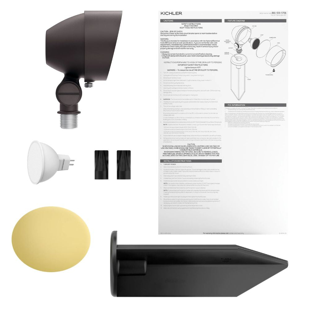LED landscape accent light kit with fixture parts, diffuser, and instruction sheet