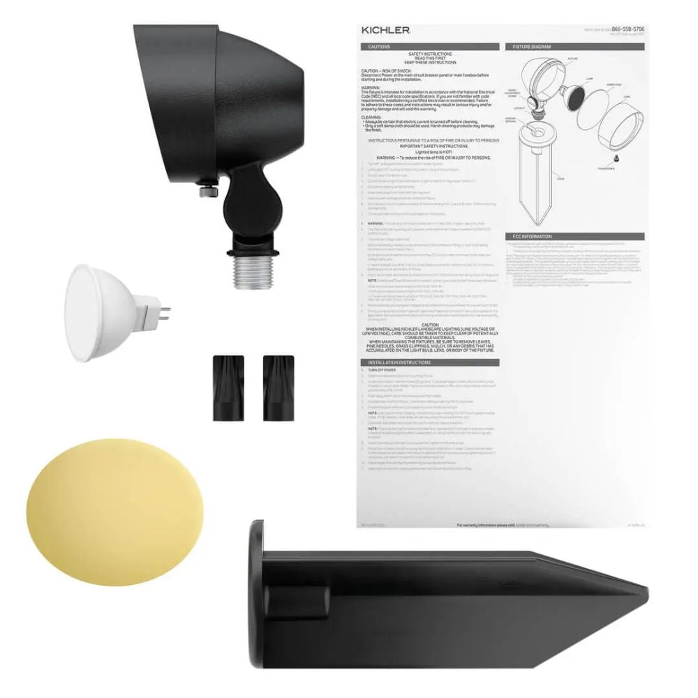 LED landscape accent light kit with black fixture, accessories, and instruction sheet