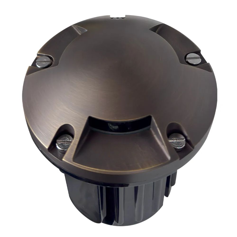 Round tri-directional LED well light head with natural brass finish and side screws