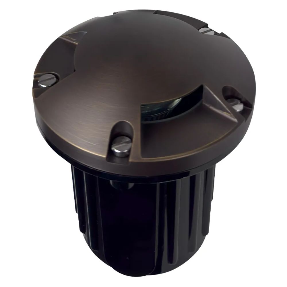 Tri-directional LED well light with brass top ring and black ridged base, side view