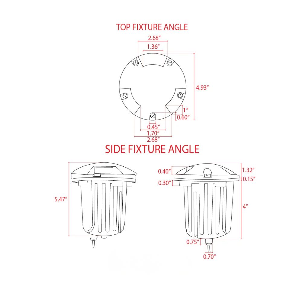 LED well light fixture angle diagram with top and side angle dimensions