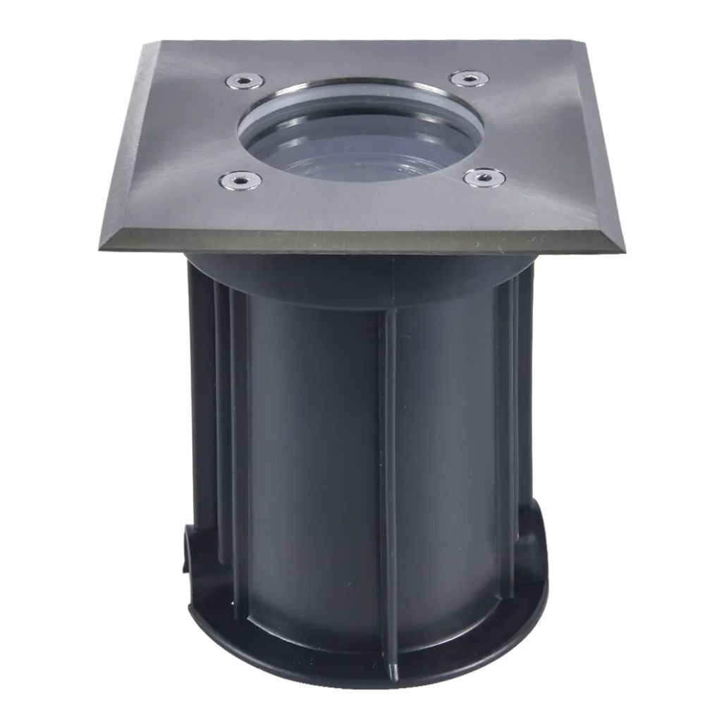 Square LED in-ground well light in stainless steel with circular light opening