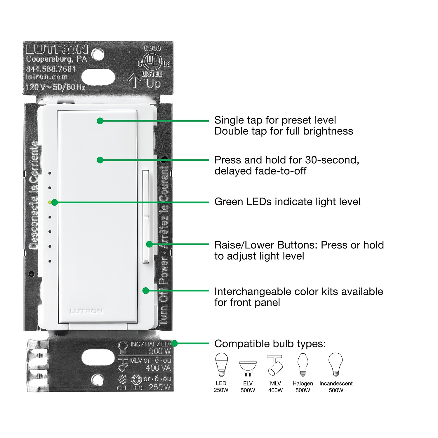 Maestro PRO LED+ Tap Dimmer Switch, 250W LED, 500W ELV, Single Pole or Multi-Location, White - Bees Lighting