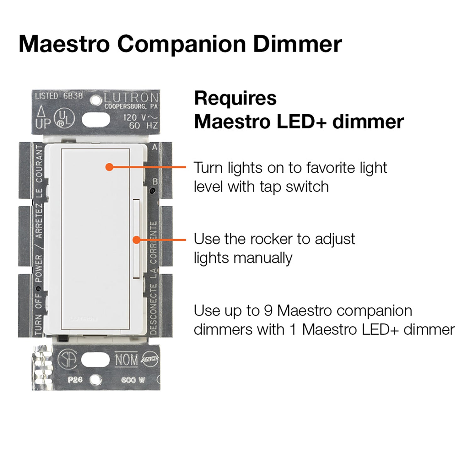 Lutron Maestro Companion Multi-Location Dimmer, Not for Standalone Use, Light Almond - Bees Lighting