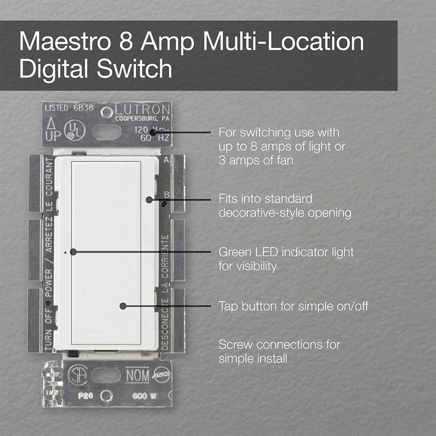 Maestro Tap Light Switch, 8A Single Pole/Multi-Location, White - Bees Lighting