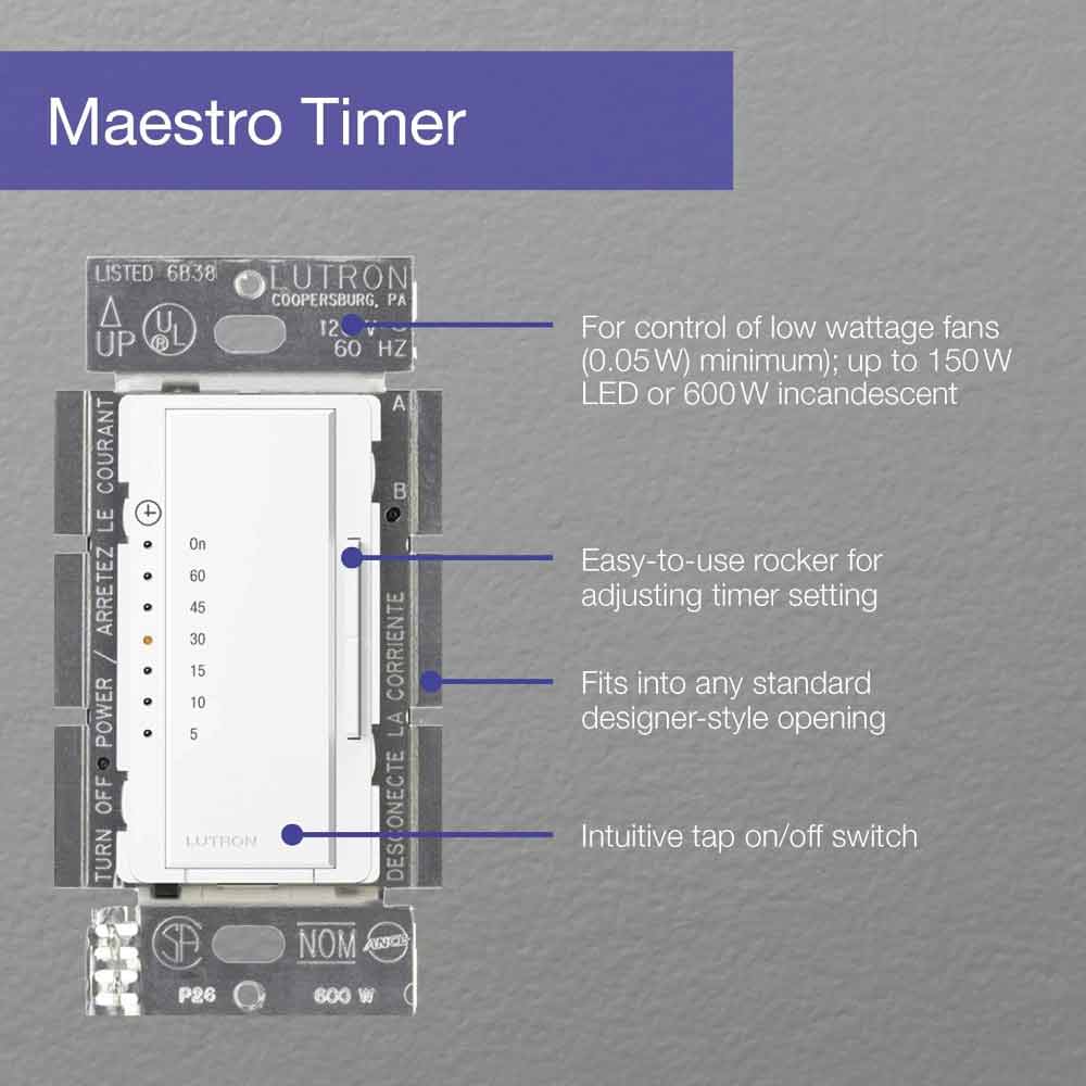 Maestro Countdown Timer Switch, 5-60 Minutes, 3A Fan|150W LED, Light Almond - Bees Lighting