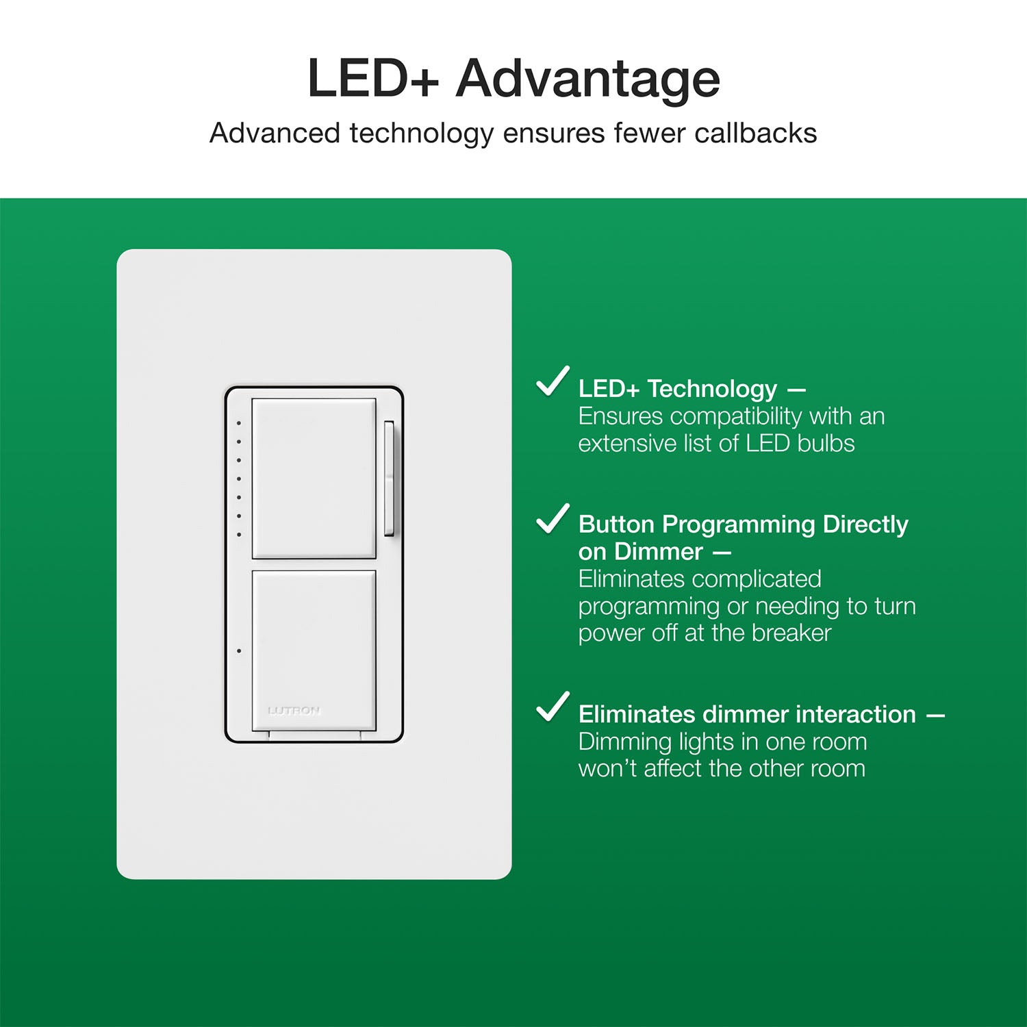 Maestro LED+ Dual Dimmer and Switch, 75W LED/2.5A Fan, Single Pole, White - Bees Lighting
