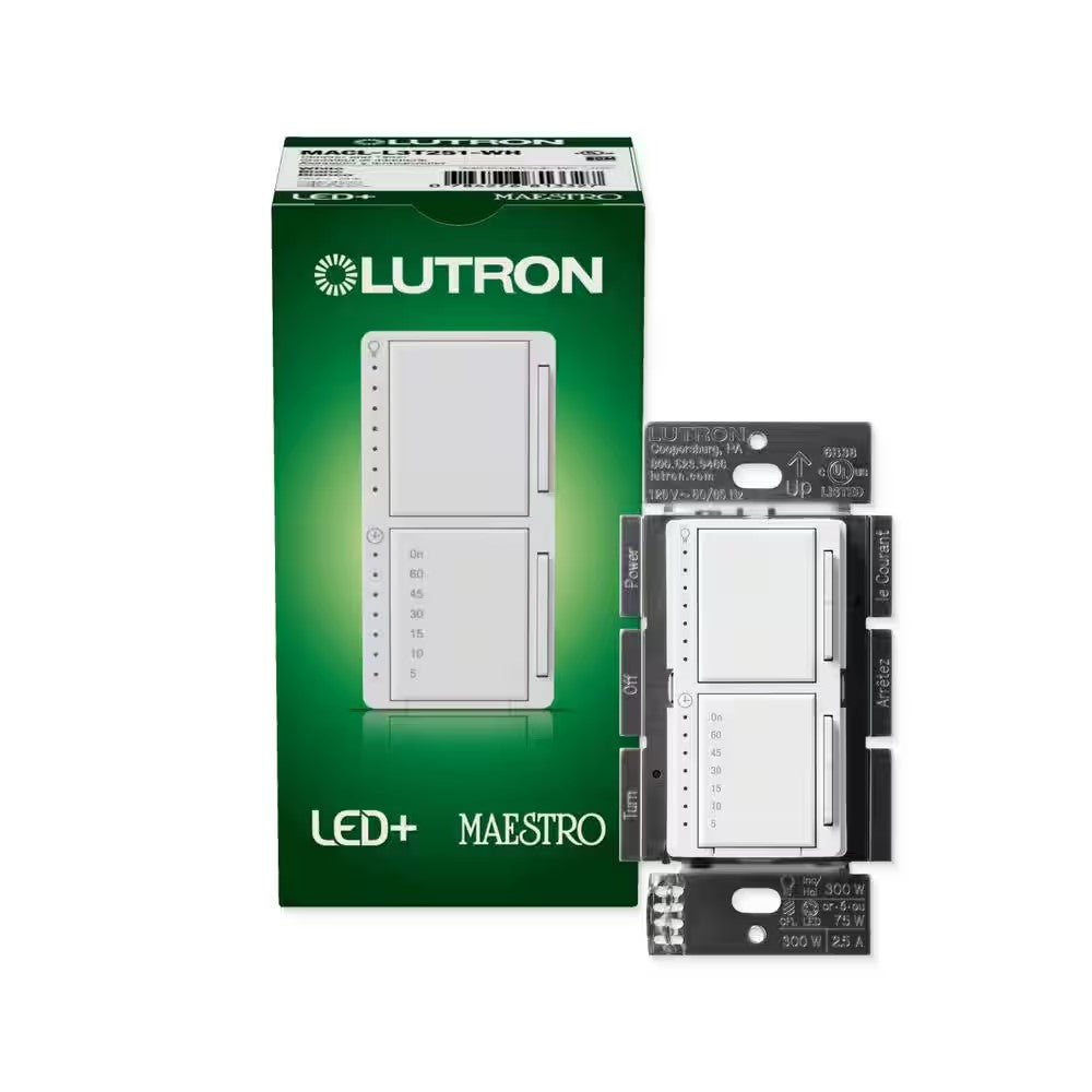 Maestro LED+ Dual Dimmer and Timer Switch, 75W LED/2.5A Fan, Single Pole, White - Bees Lighting