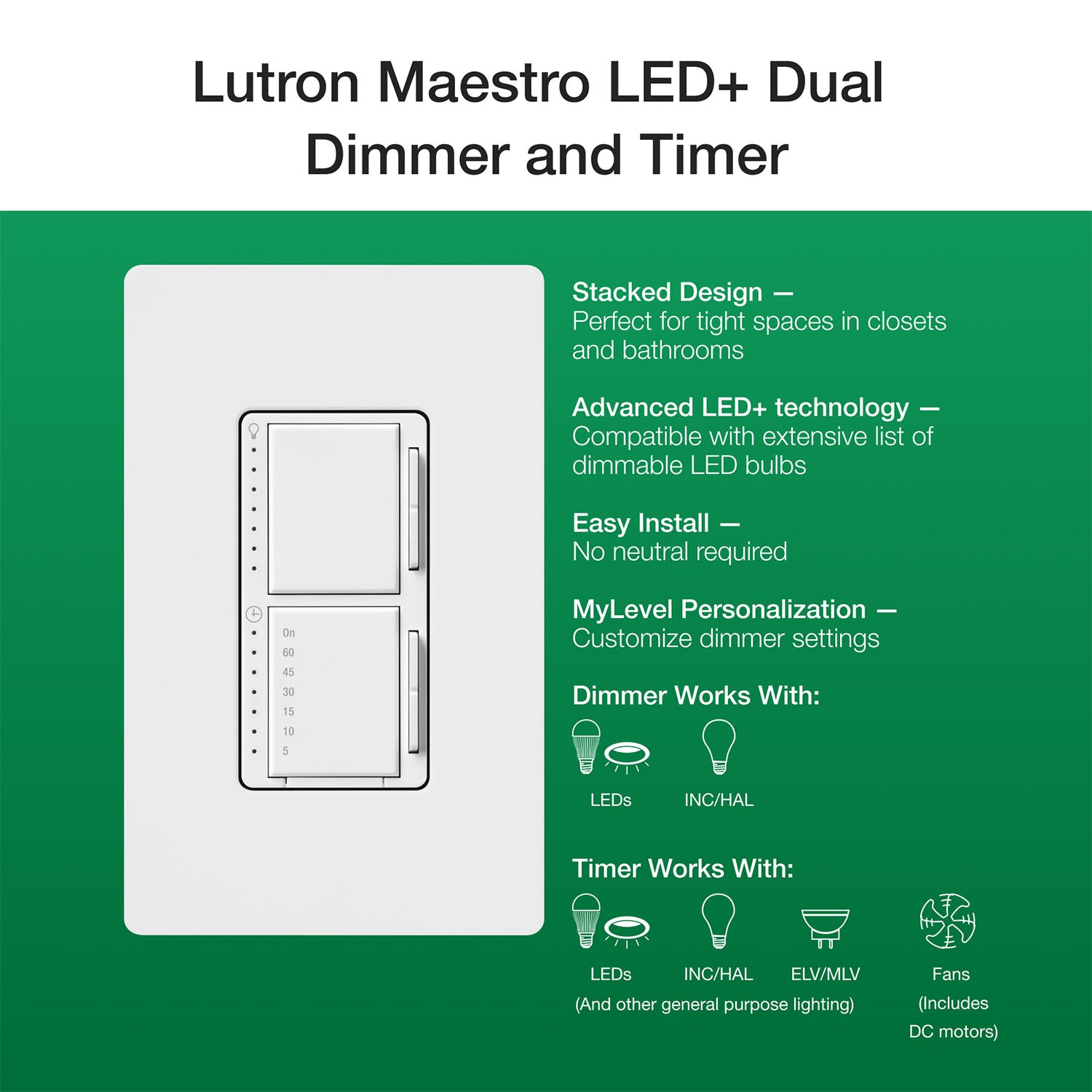 Maestro LED+ Dual Dimmer and Timer Switch, 75W LED/2.5A Fan, Single Pole, Light Almond - Bees Lighting