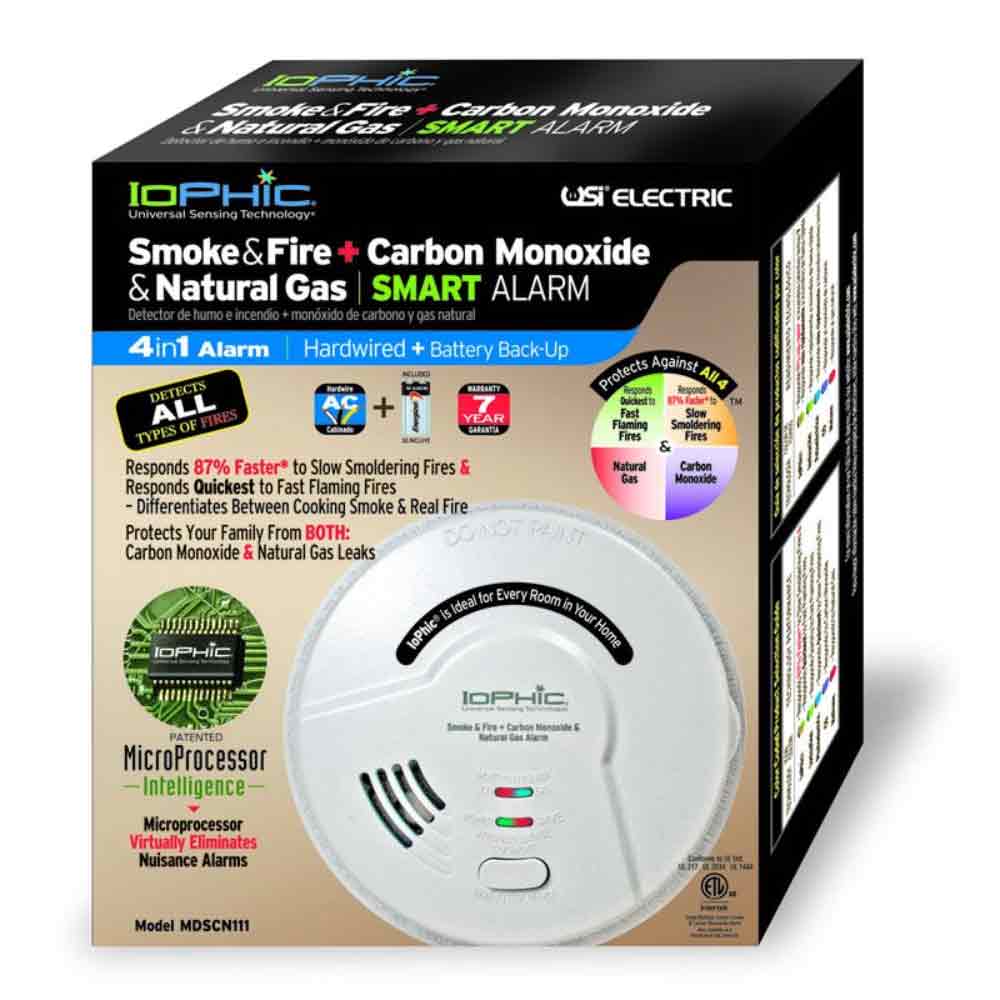 Smoke, Carbon Monoxide, and Natural Gas Detector IoPhic Sensor Hardwired with 9V Battery - Bees Lighting