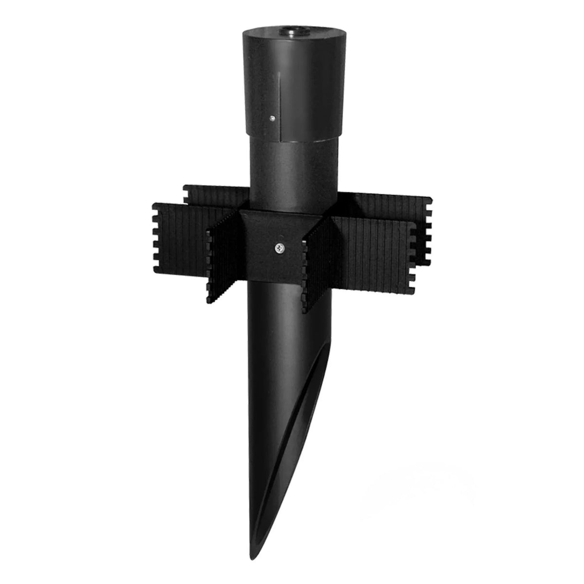 Black PVC landscape mounting post with cylindrical top, ribbed arms, and pointed stake