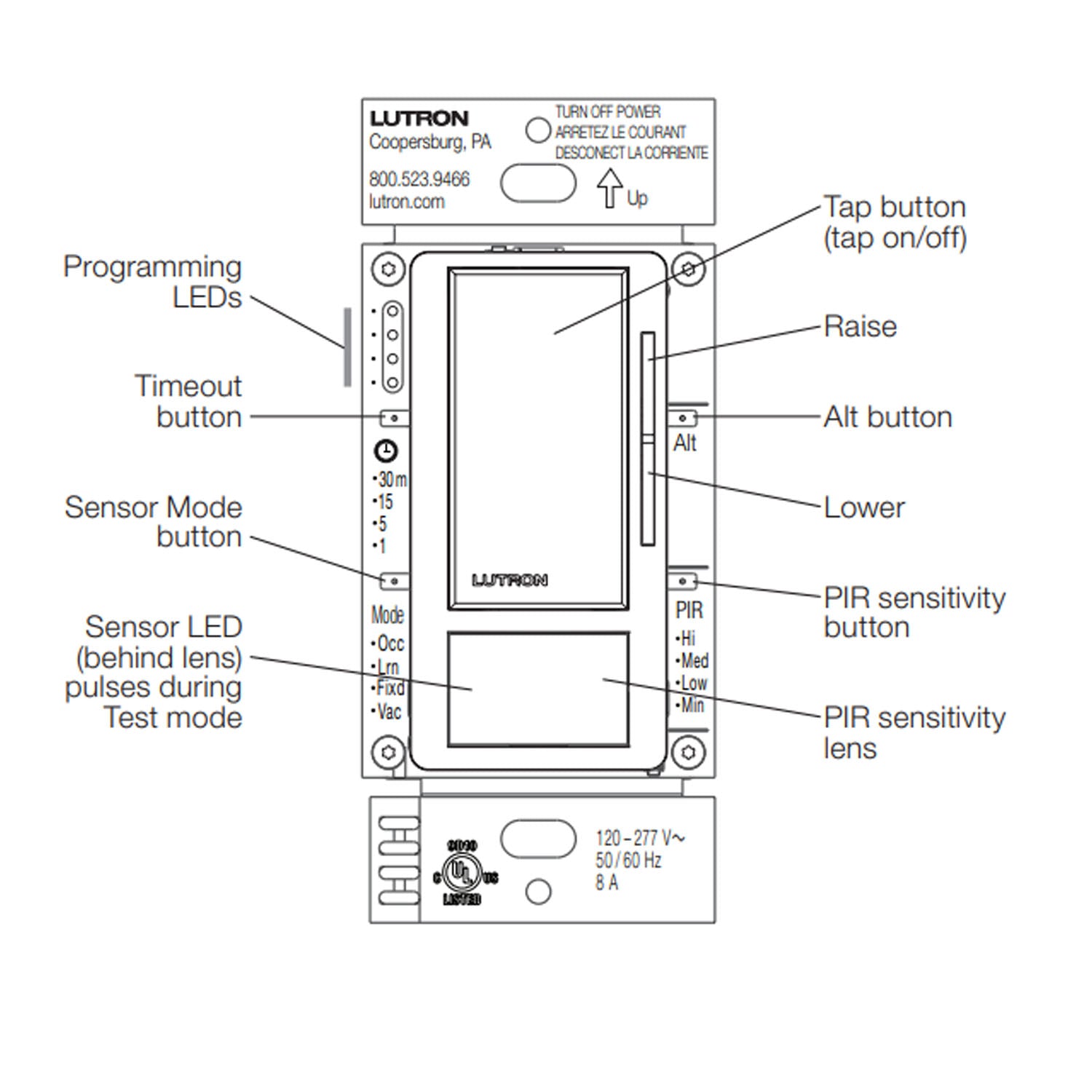Maestro 120-277V Vacancy Motion Sensor Switch with 0-10V Dimmer PIR, 3-Way/Multi-Location, White - Bees Lighting