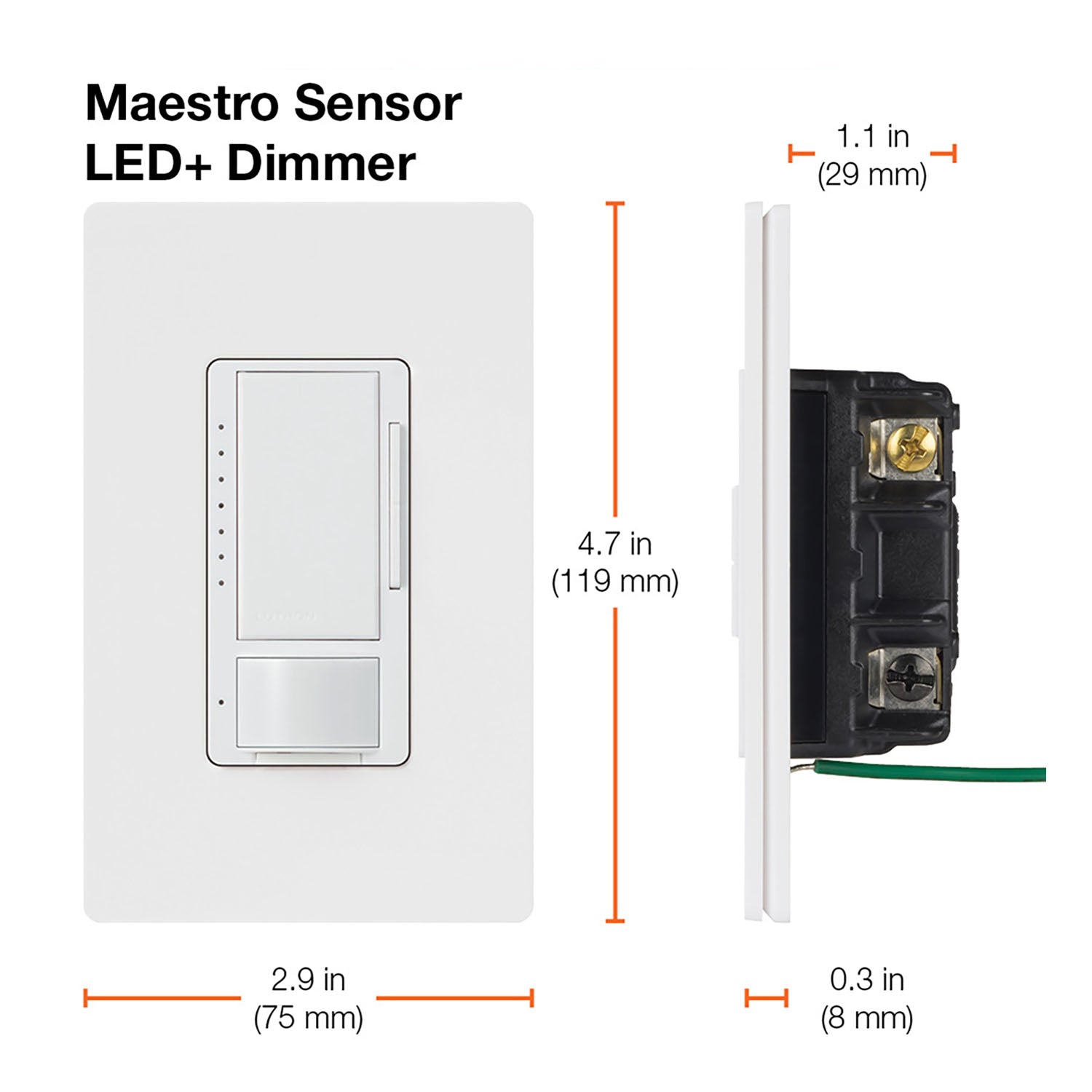 Maestro PIR 180° Vacancy Motion Sensor LED+ Dimmer Switch, 150W, 120V, White - Bees Lighting