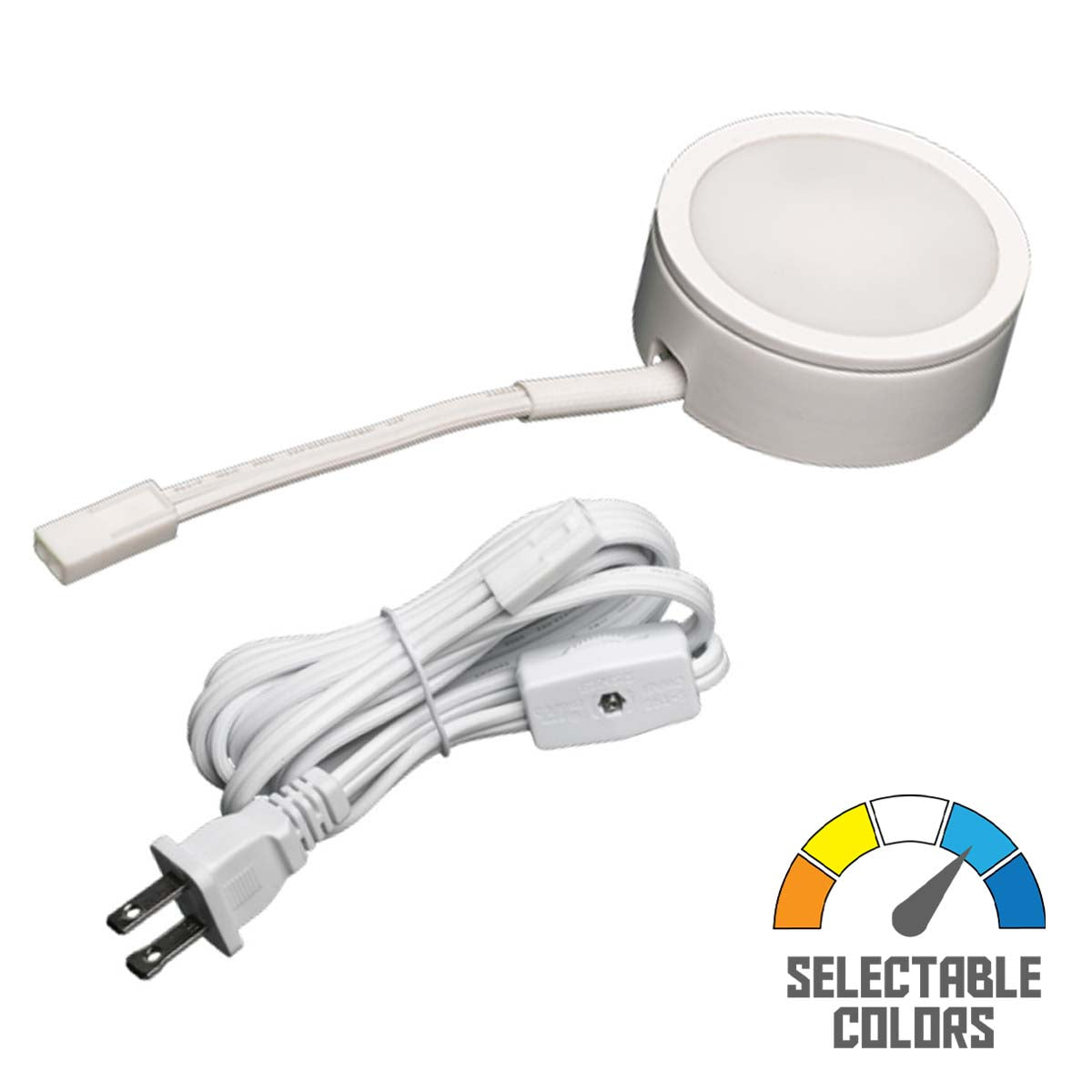 MVP LED Puck Light with 6in Lead Wire and Power Cord, Selectable CCT 2700K to 5000K, 120V, White