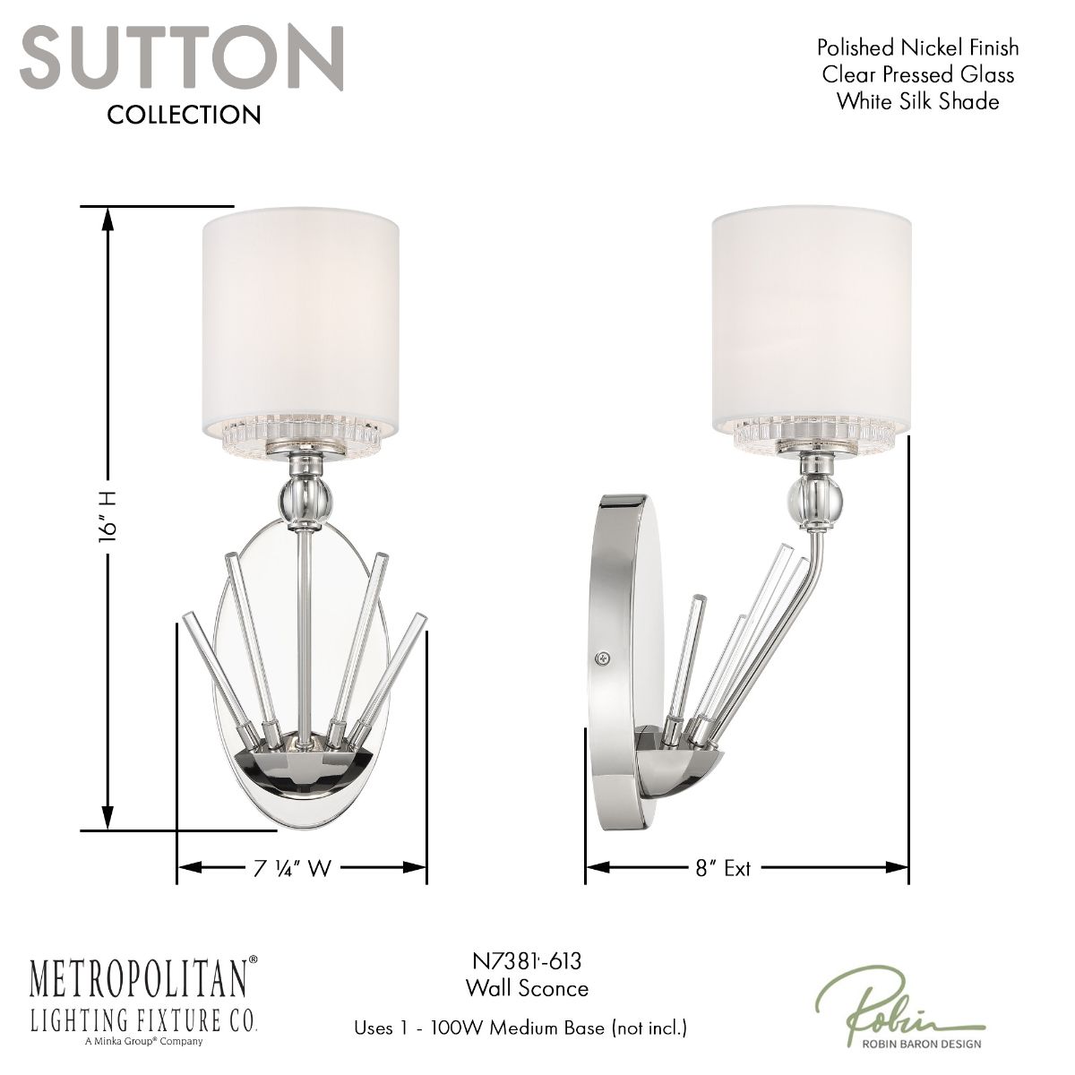 Sutton 16 in. Armed Sconce Polished Nickel Finish