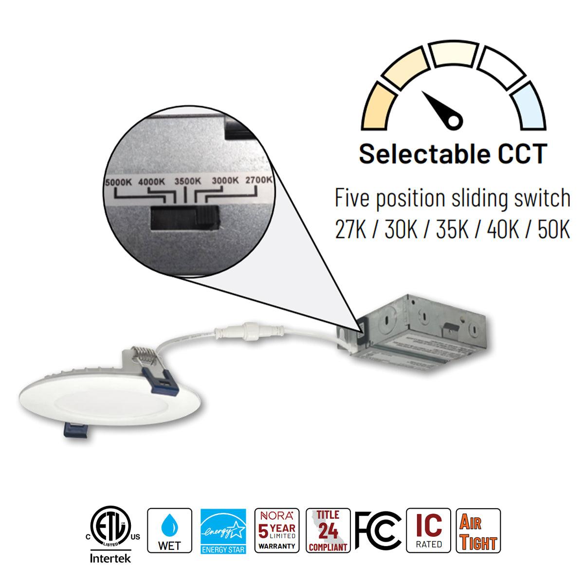 4 inch Non-Metallic Flat LED Canless Recessed Light, 10 Watt, 700 Lumens, Selectable CCT, 2700K to 5000K, 120V