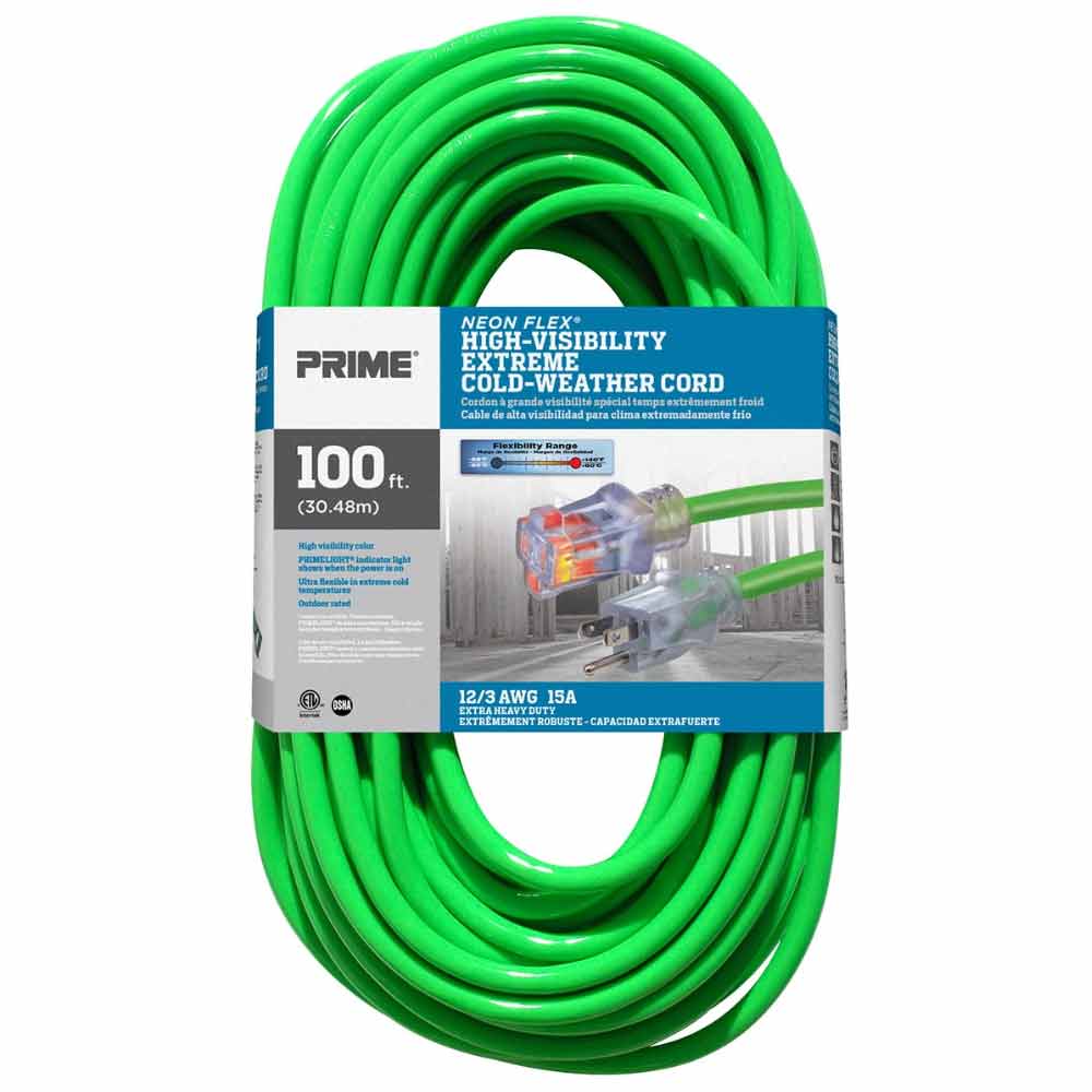 100 ft. 12/3 SJTW Extreme Cold Weather Heavy Duty Neon Flex Extension Cord w/Lighted Connector Green